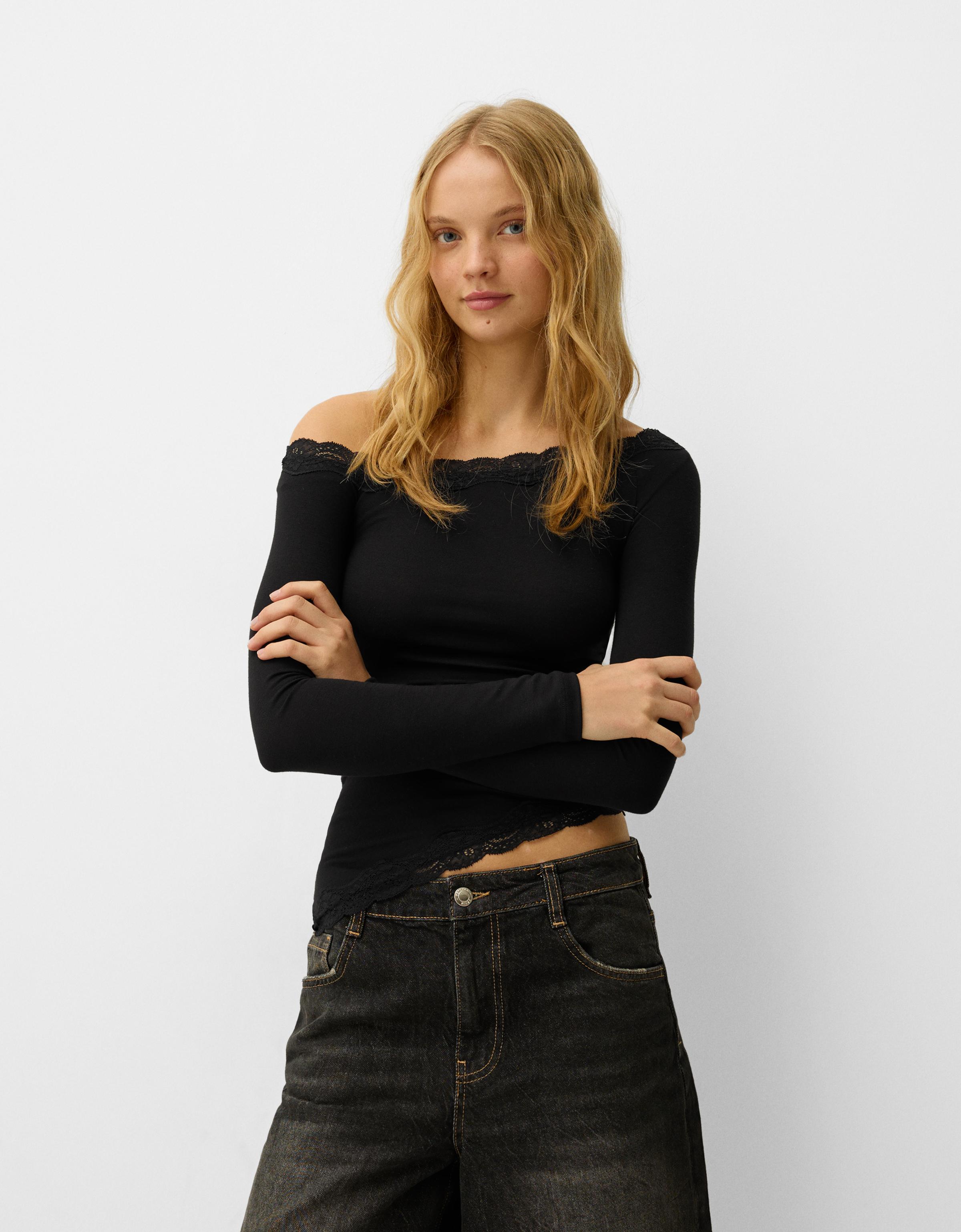 Bershka Asymmetrisches Langarmshirt Aus Spitze Mit Langen Ärmeln Damen L Schwarz