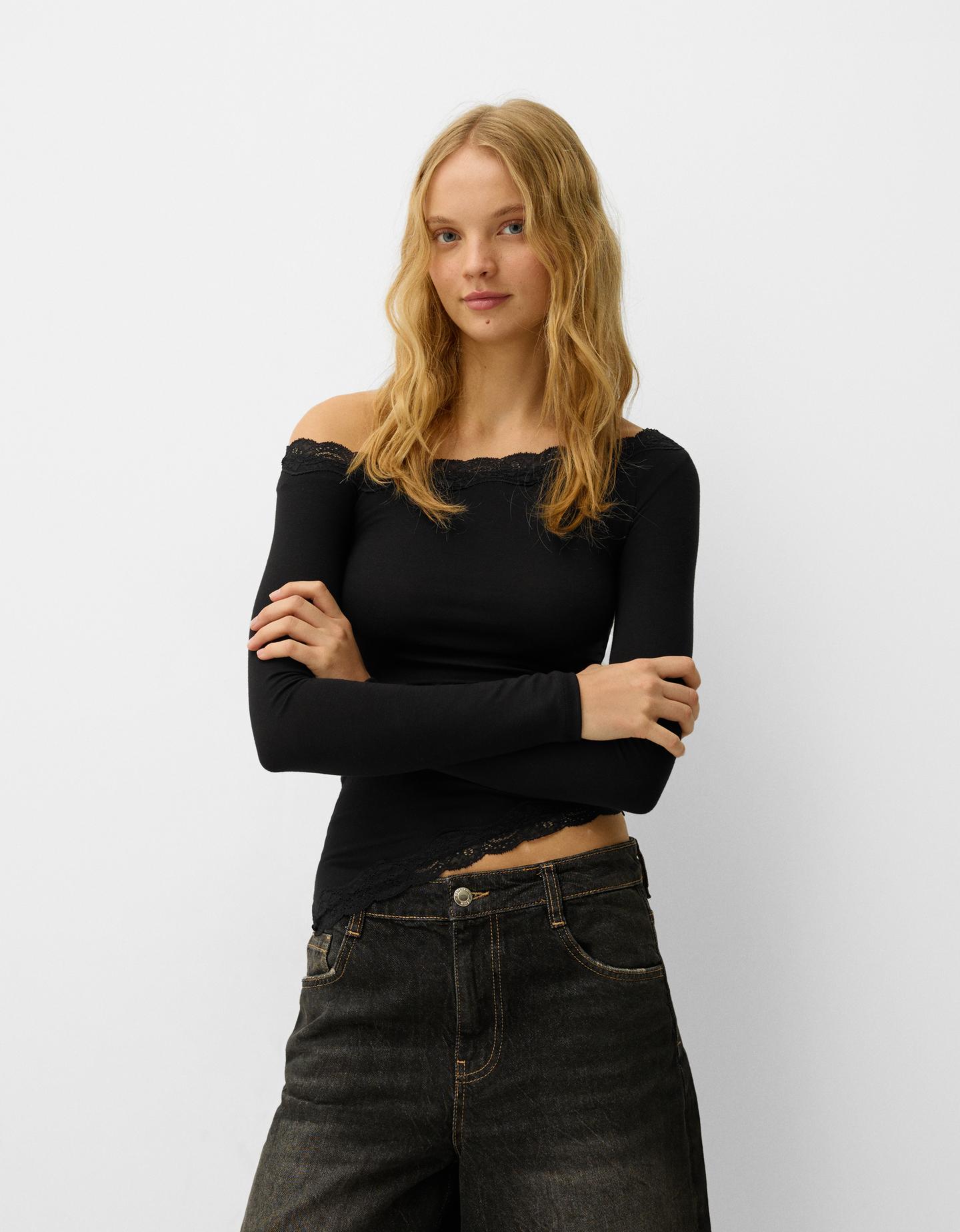 Bershka Asymmetrisches Langarmshirt Aus Spitze Mit Langen Ärmeln Damen S Sc günstig online kaufen