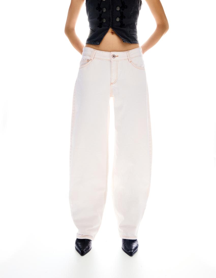 Vrećaste traperice barrel kroja niskog struka-Krem boja