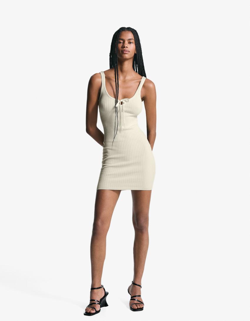 Vestido mini de alças com laço-Cru-1