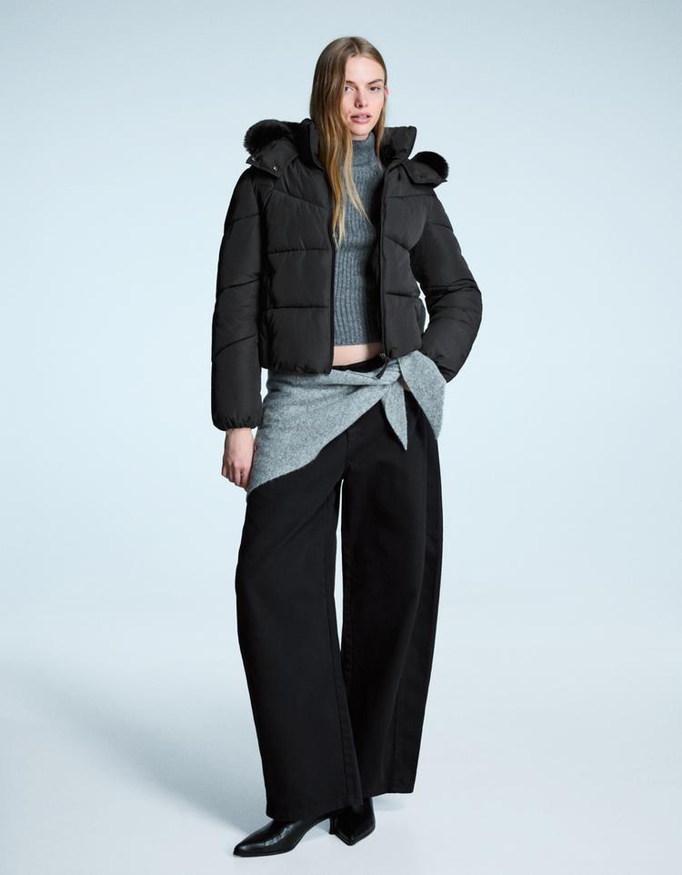 Veste Longue En Simili Cuir Et Fausse Fourrure Bershka - Taille L - Style Cascade/biker - Occasion Très Bon état