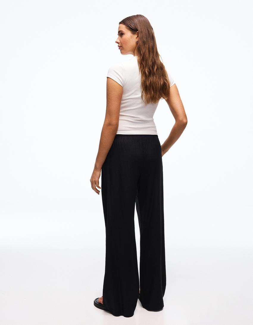 Keten görünümlü beli lastikli pantolon-Siyah