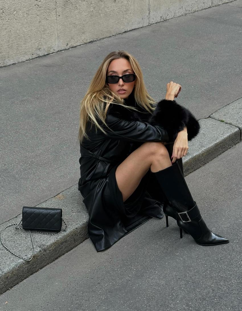 Manteau en similicuir et fausse fourrure-Noir