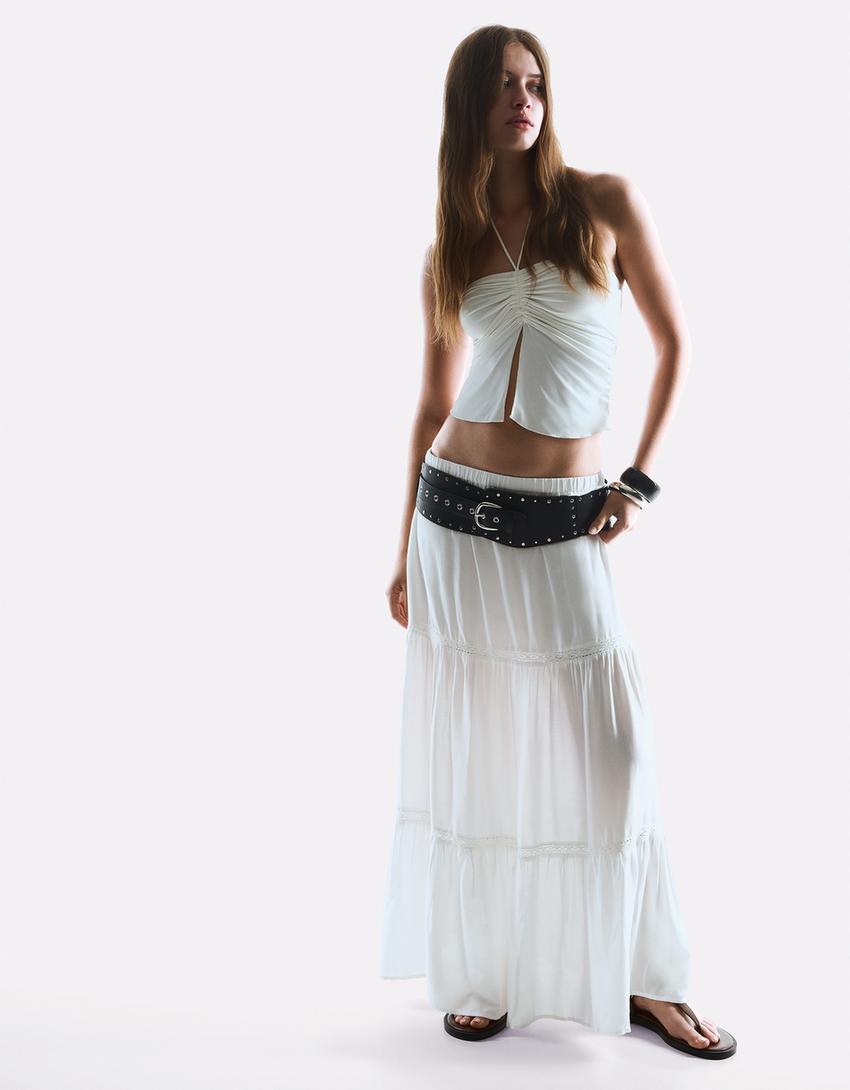 Under Rok Renda Rok midi dengan pinggiran renda - Wanita | Bershka