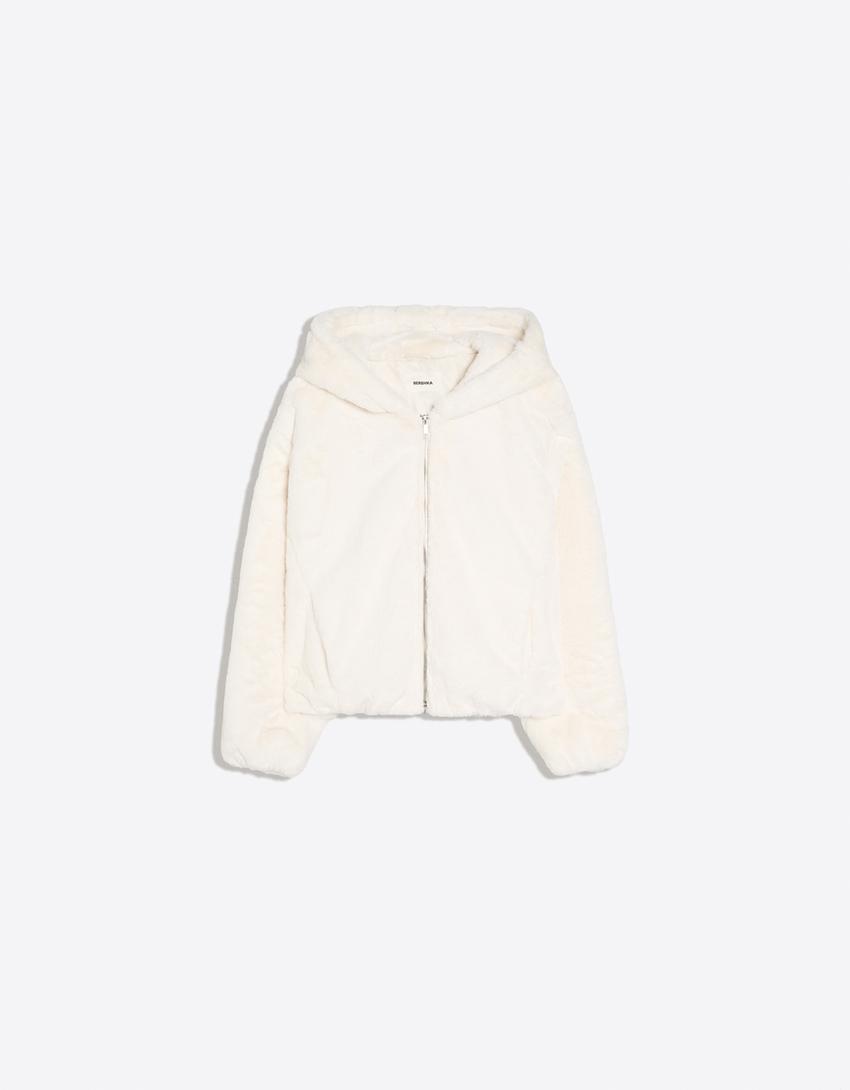 Hooded jacket with fur-Cream