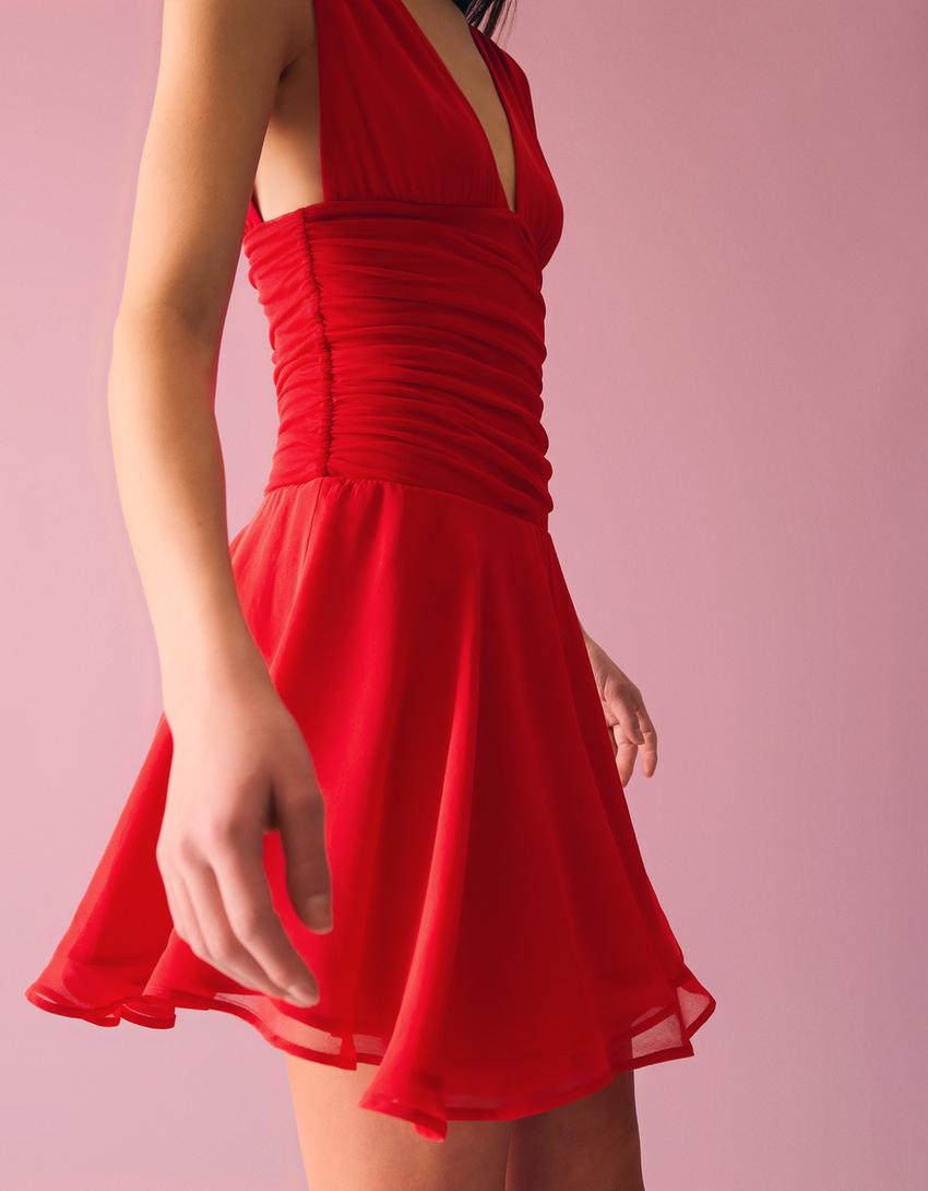 Vestito mini in chiffon con balze-Rosso