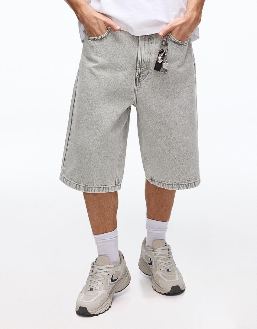 Baggy denim Bermuda shorts-Grey
