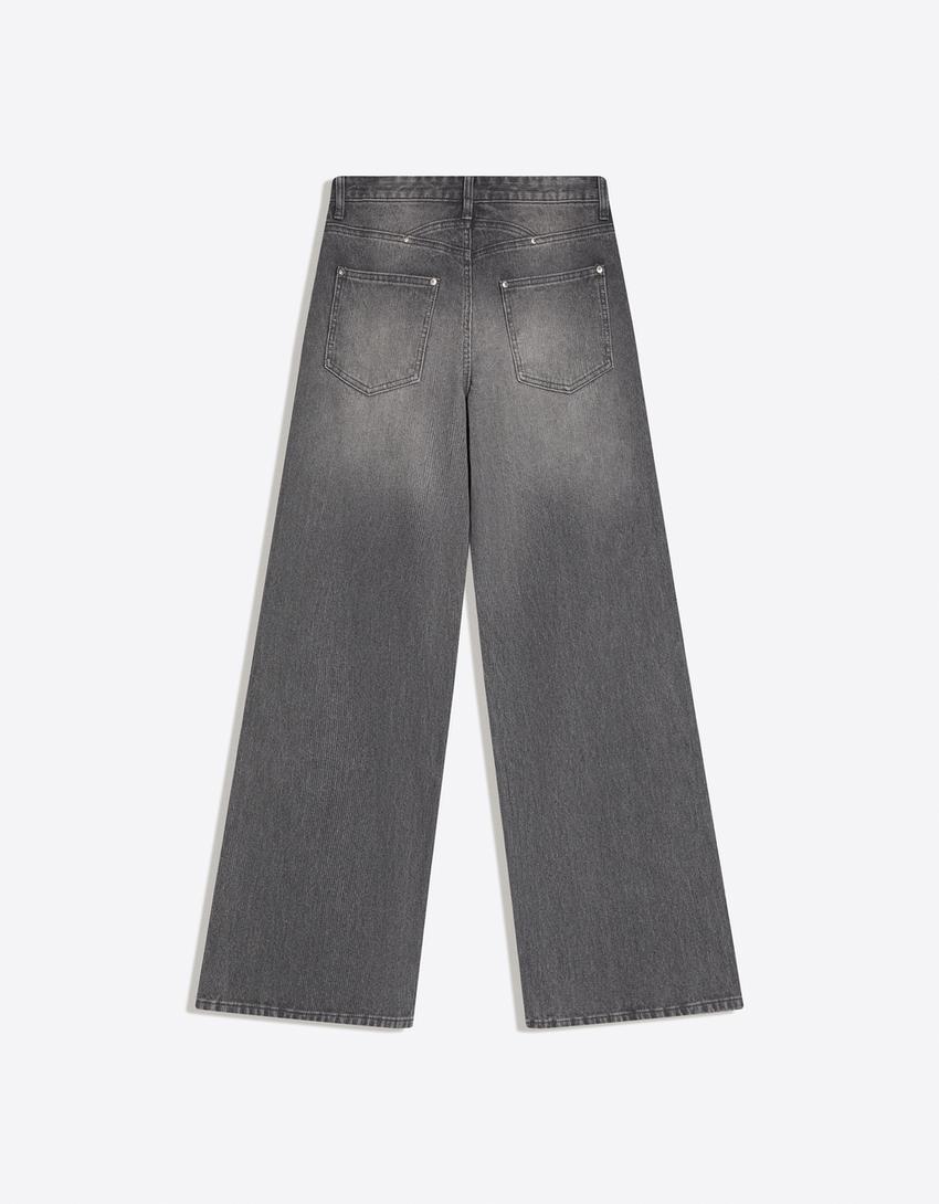Jeans boyfriend taille basse texture velours côtelé-Gris