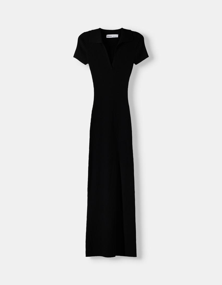 فستان متوسط الطول بياقة بولو وأكمام قصيرة-أسود-5