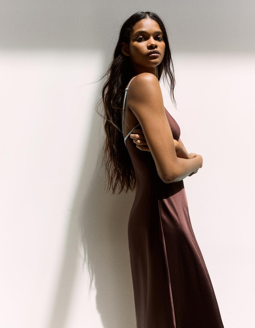 Rochie midi satin bretele-Ciocolată