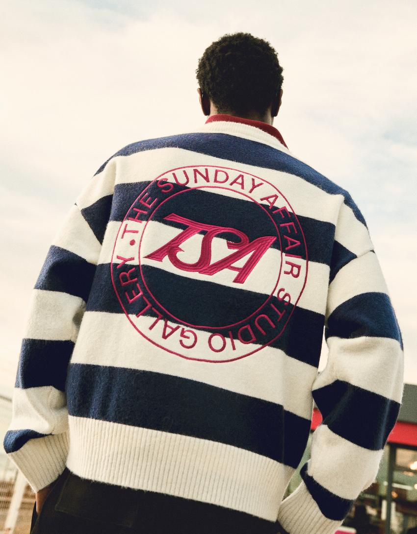 Pull col rond rayures brodé-Marine