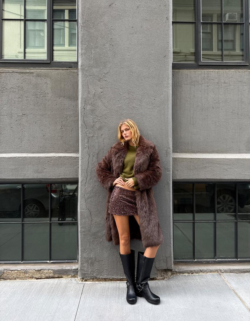 Manteau long fausse fourrure-Marron