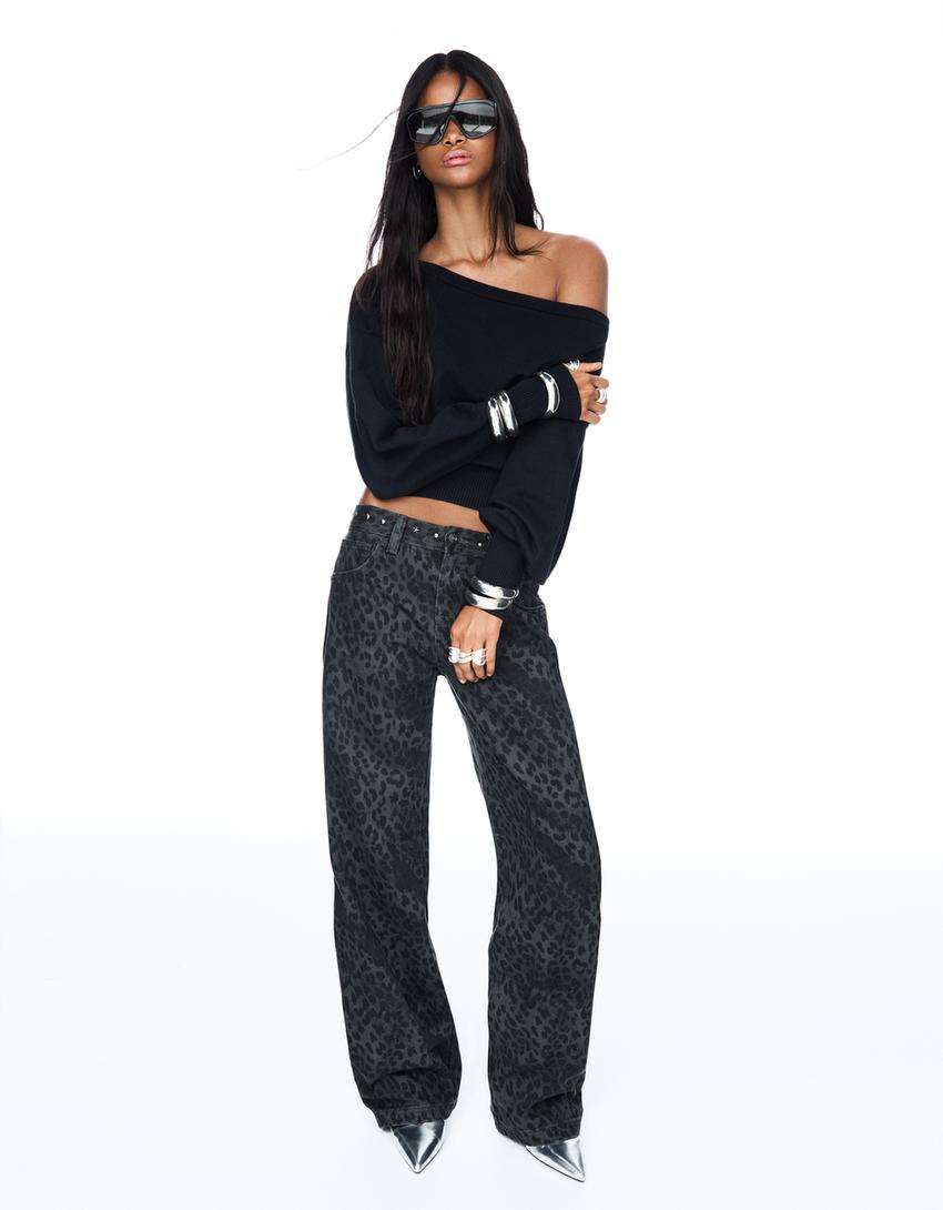 Straight-Leg-Hose im Animalprint mit Nieten-Dunkelgrau-0