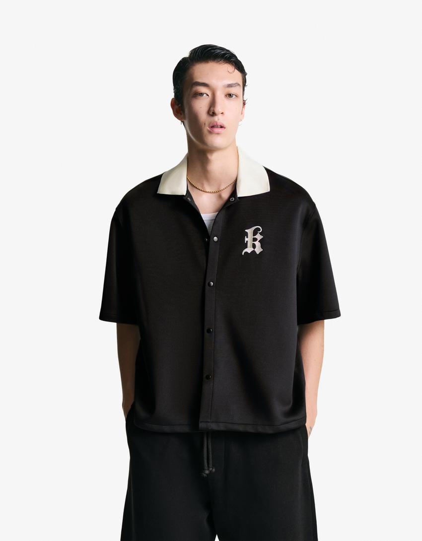 Embroidered short sleeve boxy fit shirt-Black-0