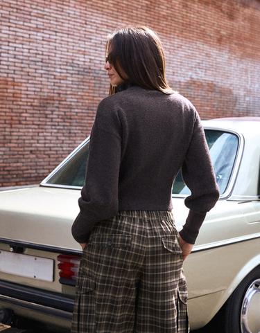 High neck zip-up knit cardigan — Brown 2