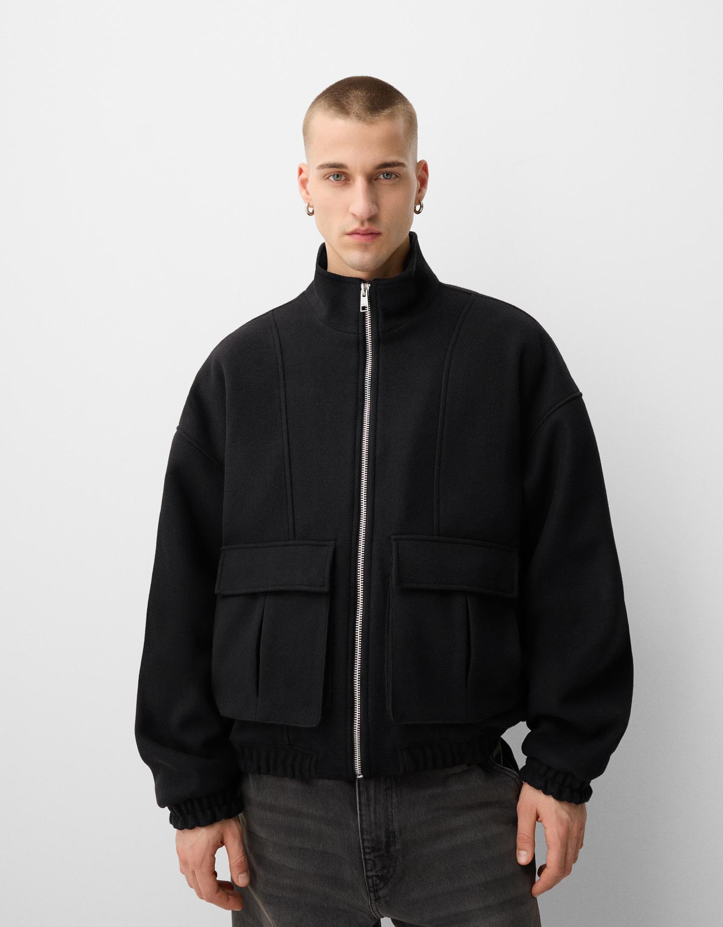 Bershka Cazadora Paño Hombre M Negro