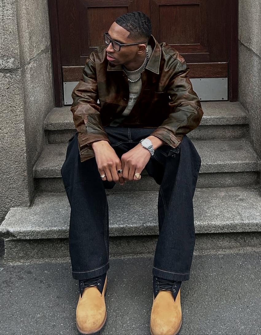 Boxy fit suni deri gömlek ceket-Kahverengi