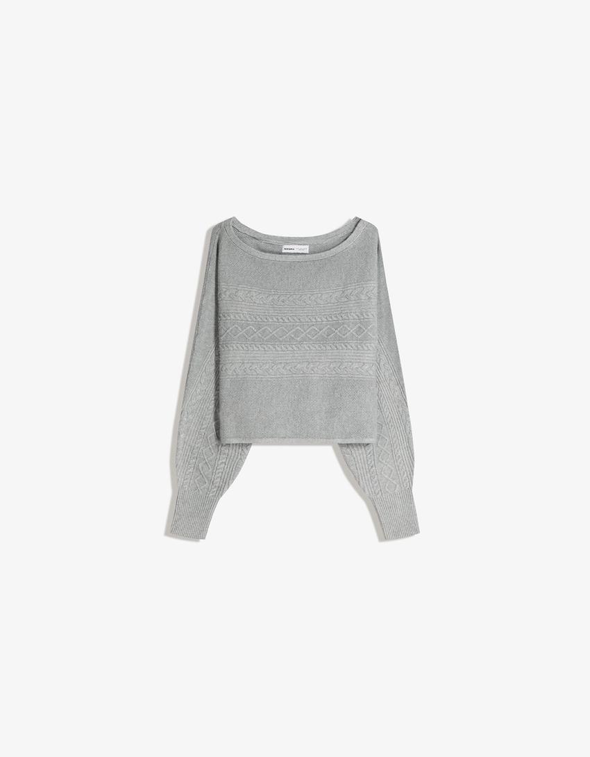 Braided boat neck jumper-Grey