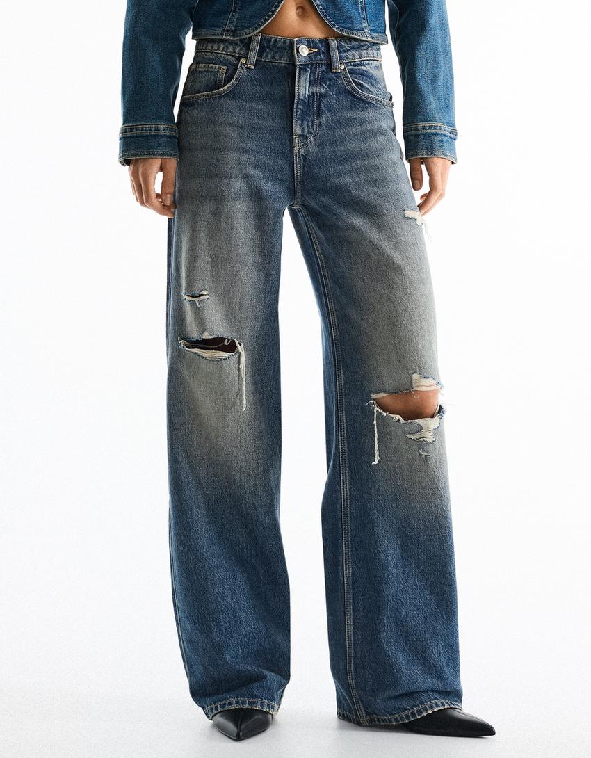 High-waist wide-leg vintage wash jeans-Light blue
