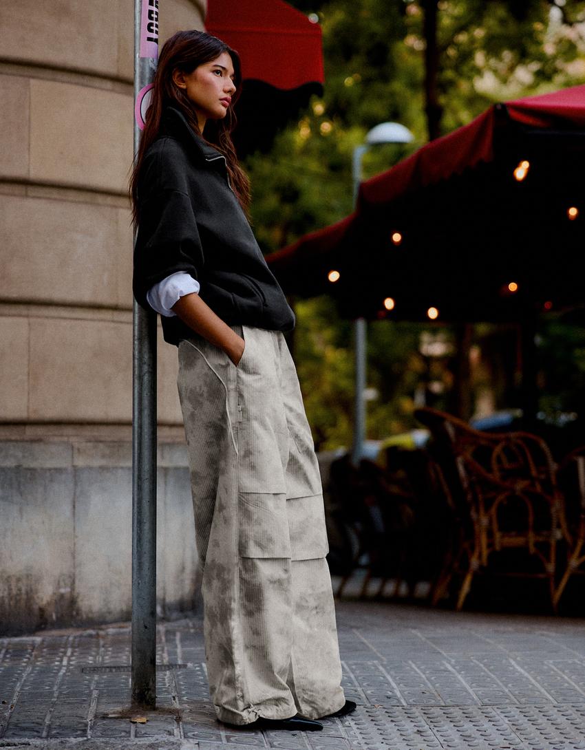 Technical print parachute trousers-Stone