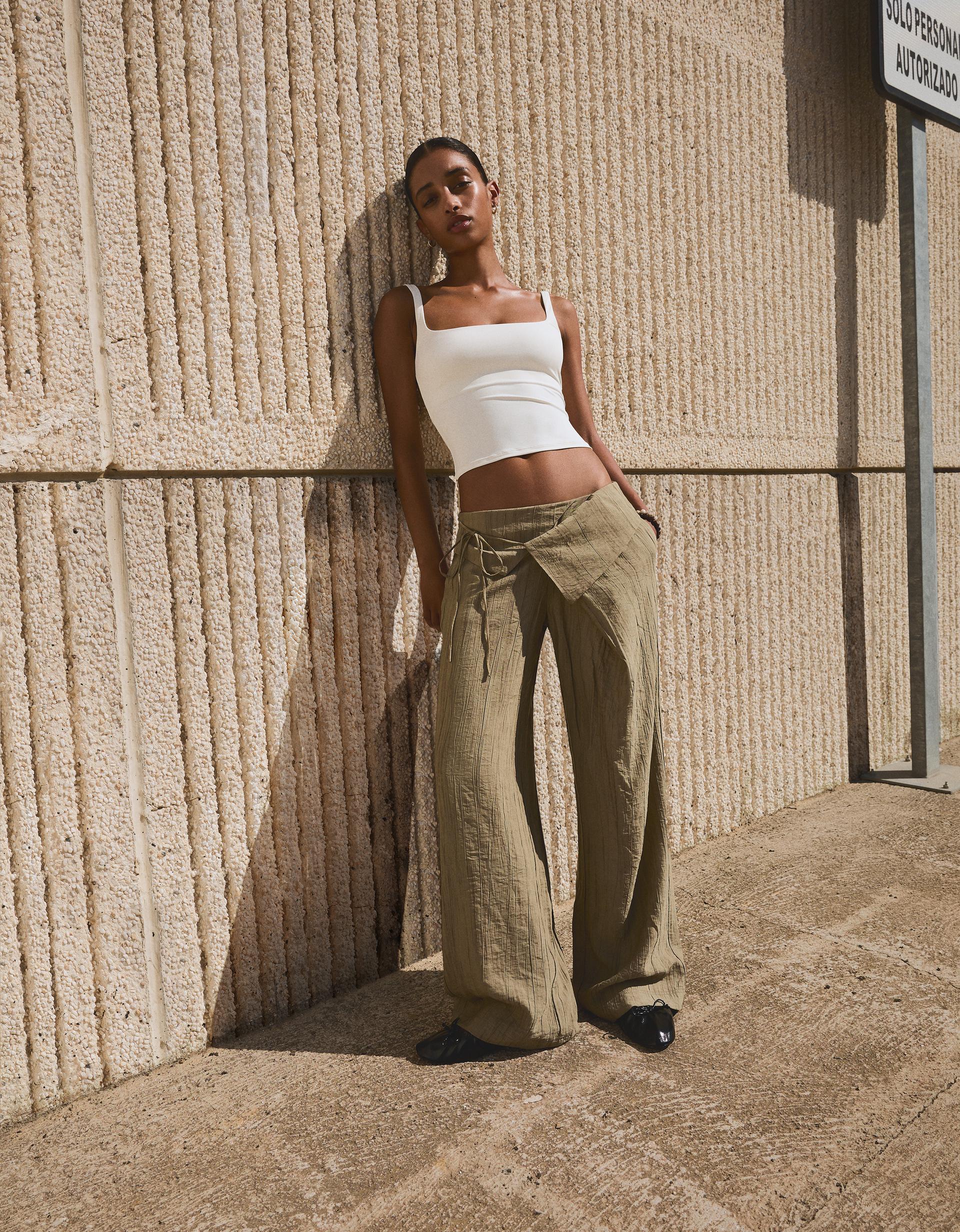 Textured pants with fold-over waist