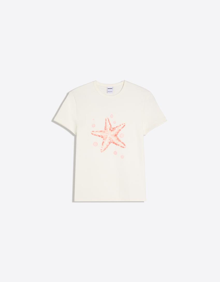 Short sleeve sequinned print T-shirt-Off white