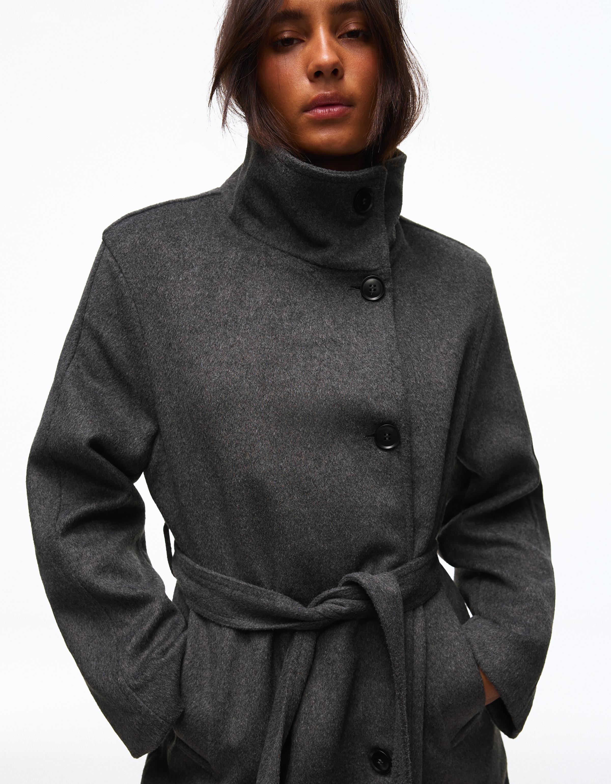 Long funnel neck coat with belt — Dark grey