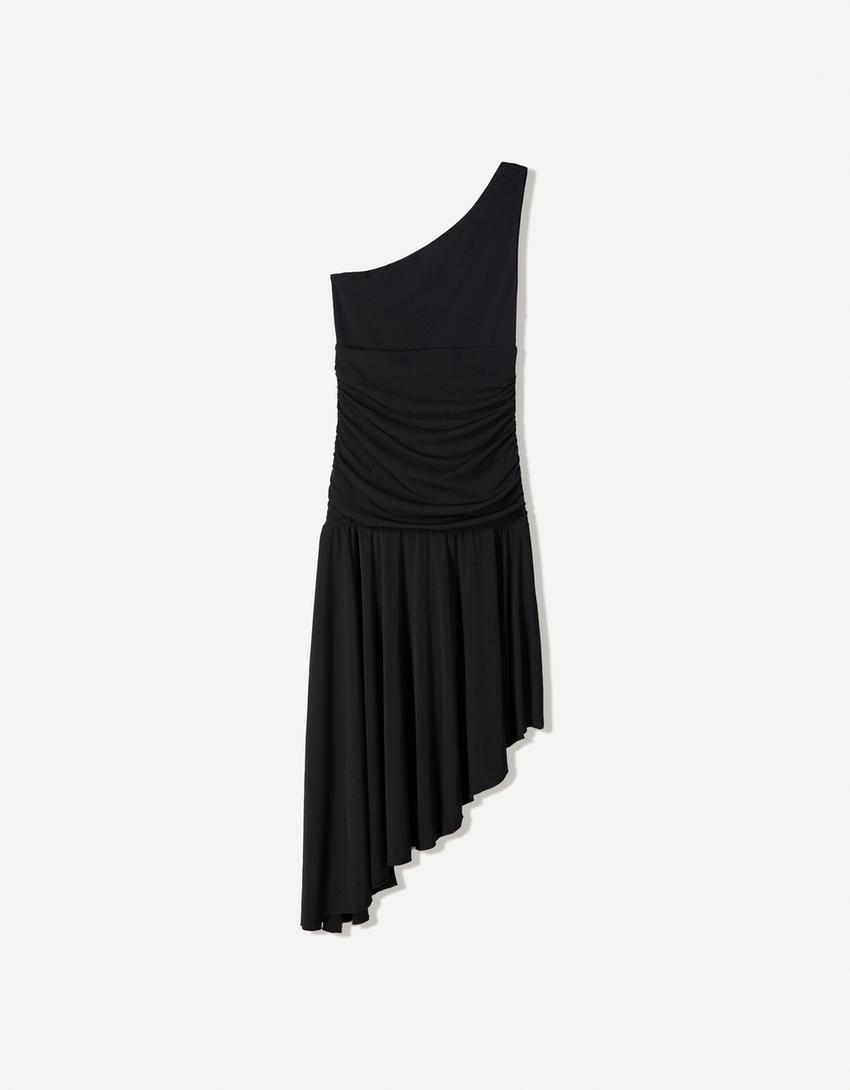 Asymmetric midi dress with ruffles-Black-3