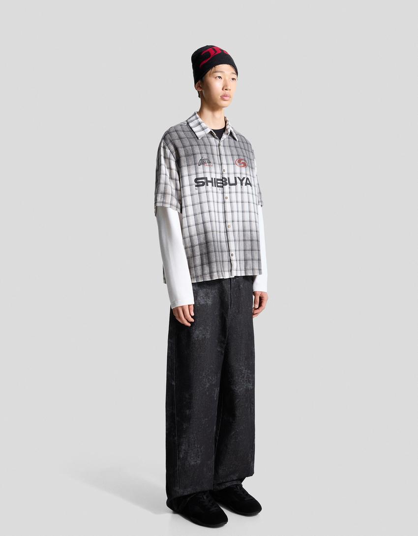 Camicia boxy a quadri a doppia manica-Grigio