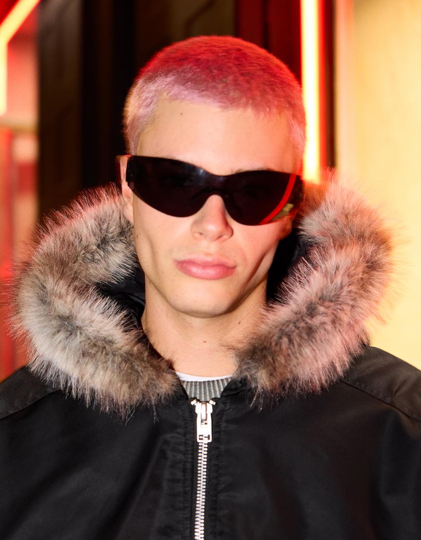 Technical jacket with faux fur collar-Black