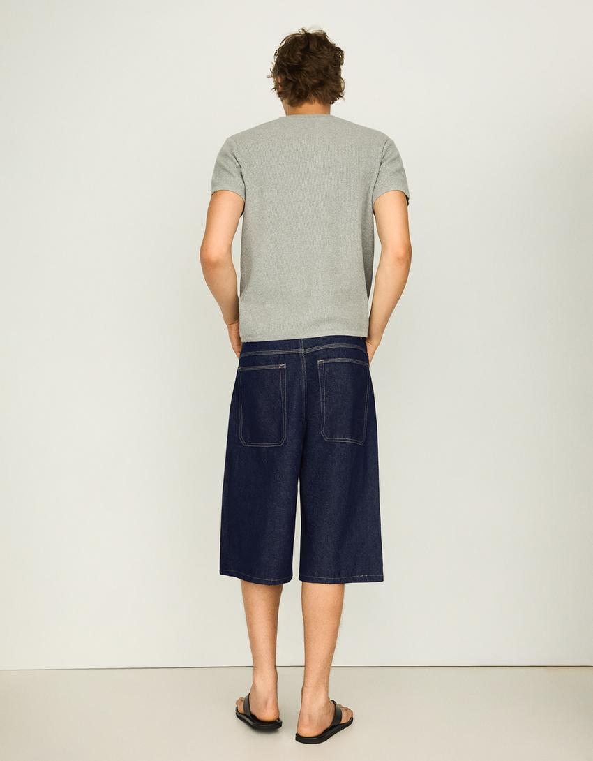 Barrel fit denim bermuda-Denizci mavisi