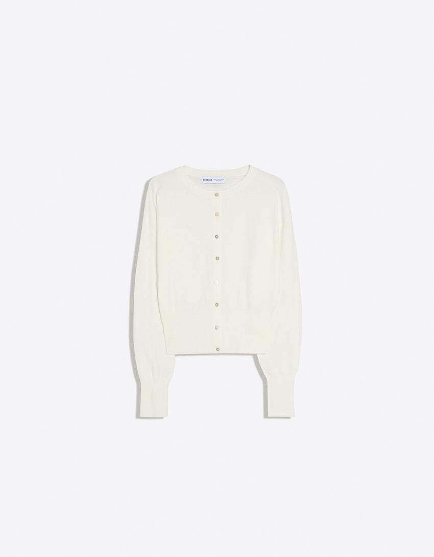 Striped crew neck button-up jacket-Cream