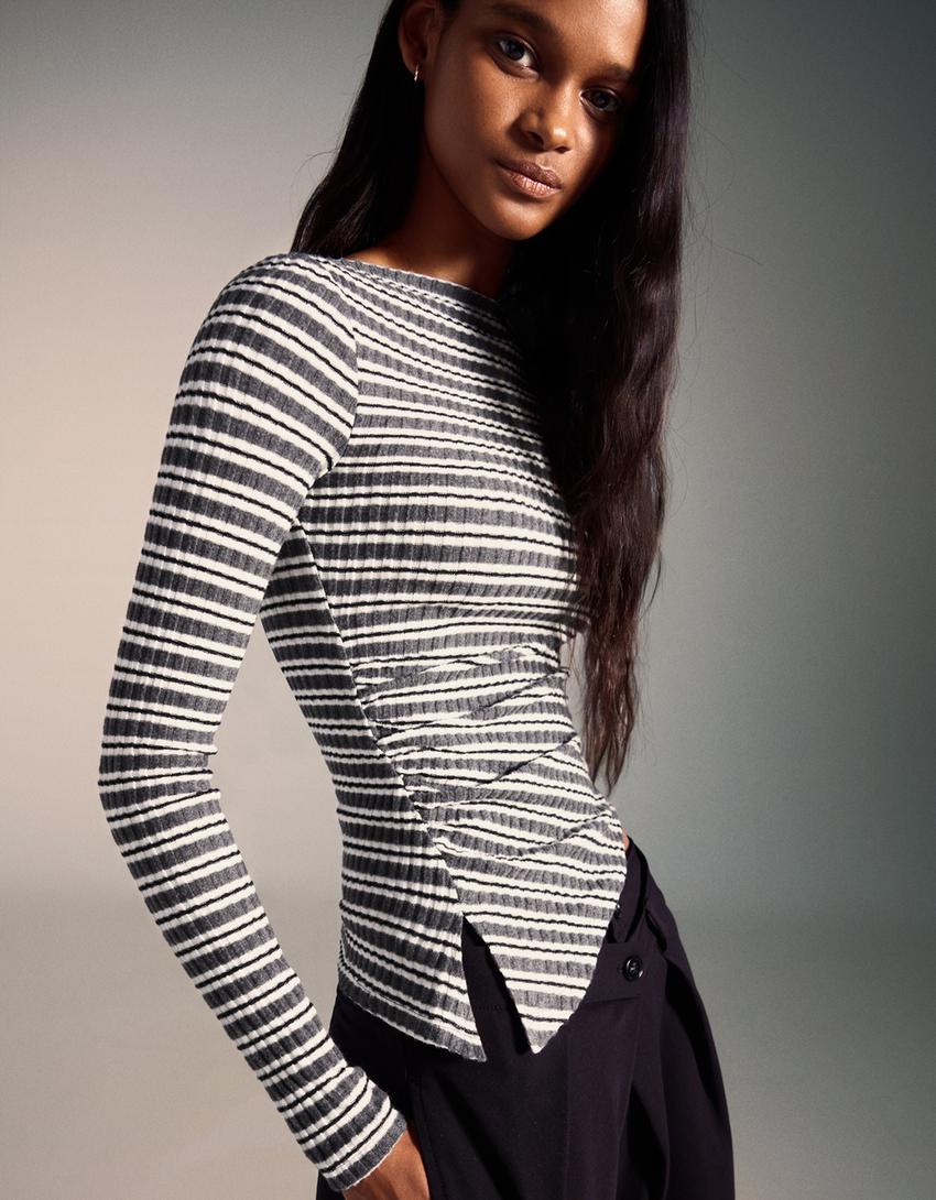 Asymmetric long sleeve T-shirt-Grey