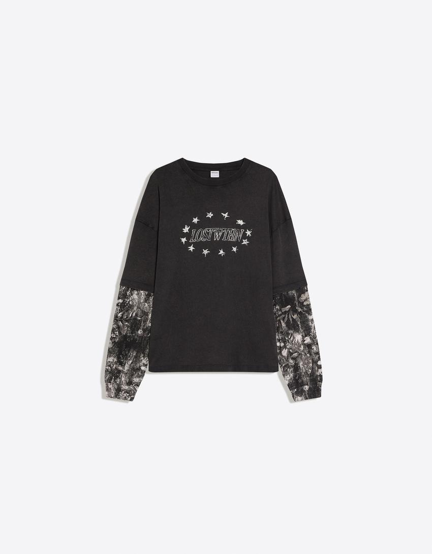 T-shirt à manches longues double imprimé-Noir