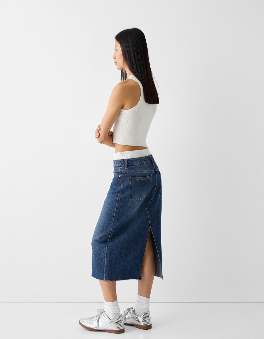 تنورة متوسطة الطول دنيم بسروال داخلي-أزرق-2