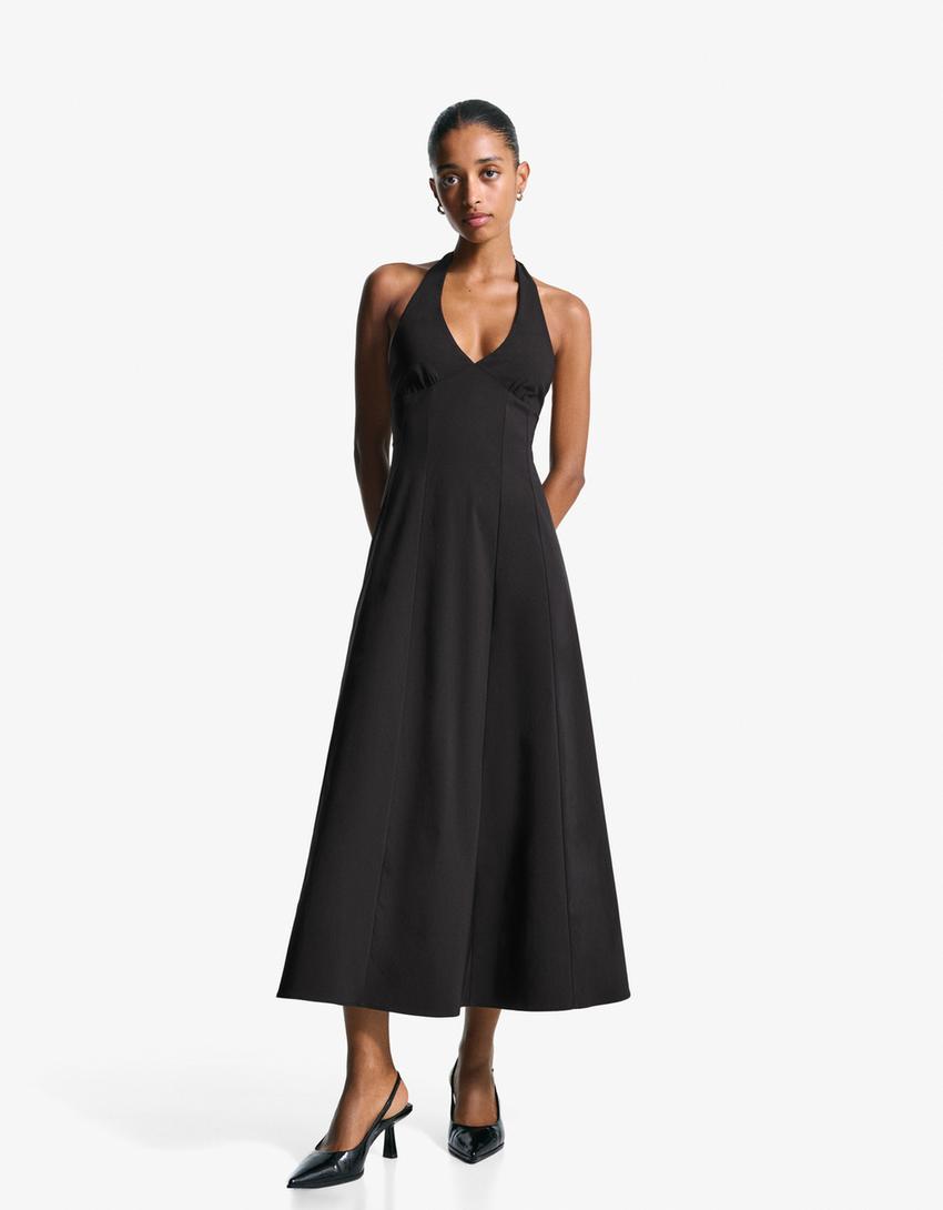 Bengaline halter midi dress-Black-0