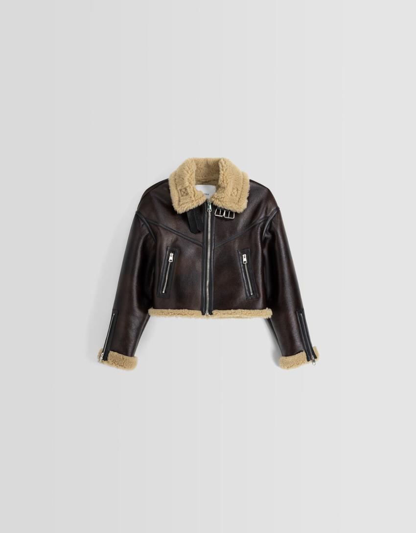 Distressed double-faced faux leather trucker jacket-Brown