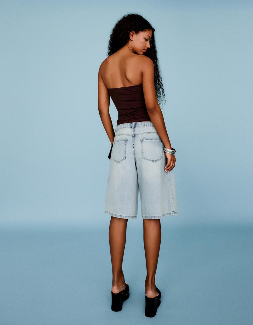 Baggy fit denim bermuda şort-Açık mavi