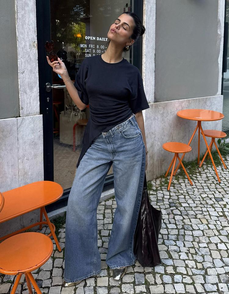 Çapraz belli yüksek bel geniş paça jean