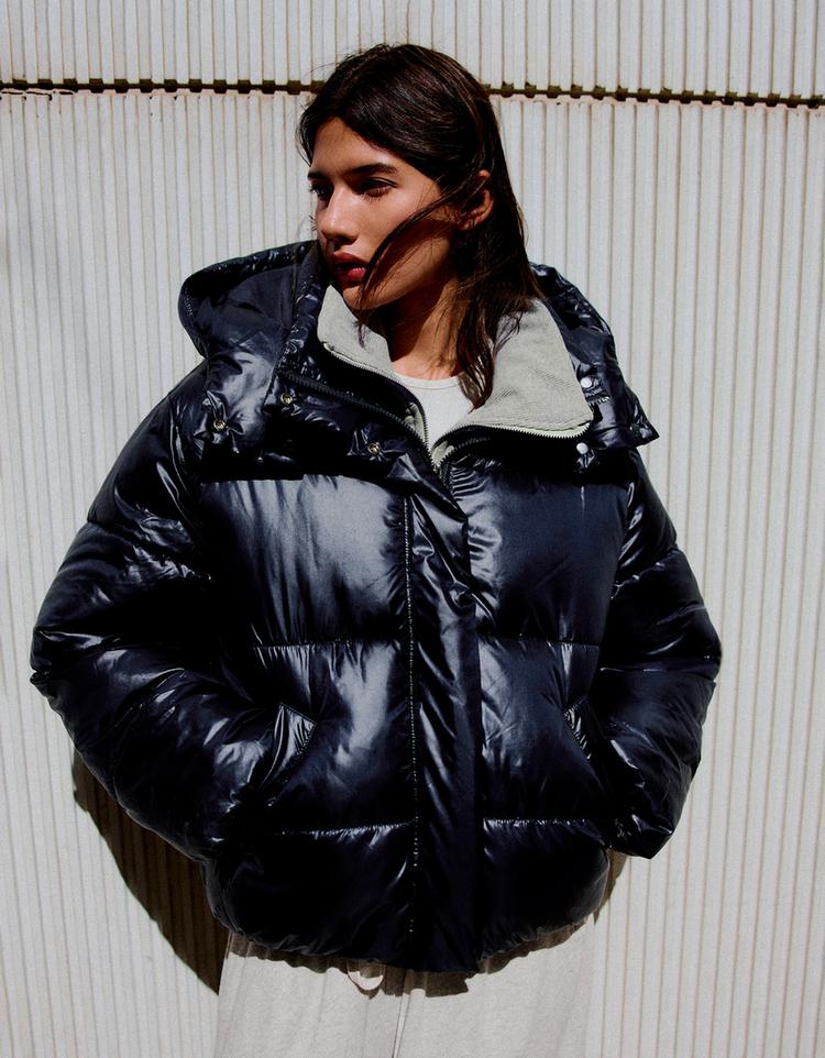 Oversize water repellent hooded quilted jacket — Navy