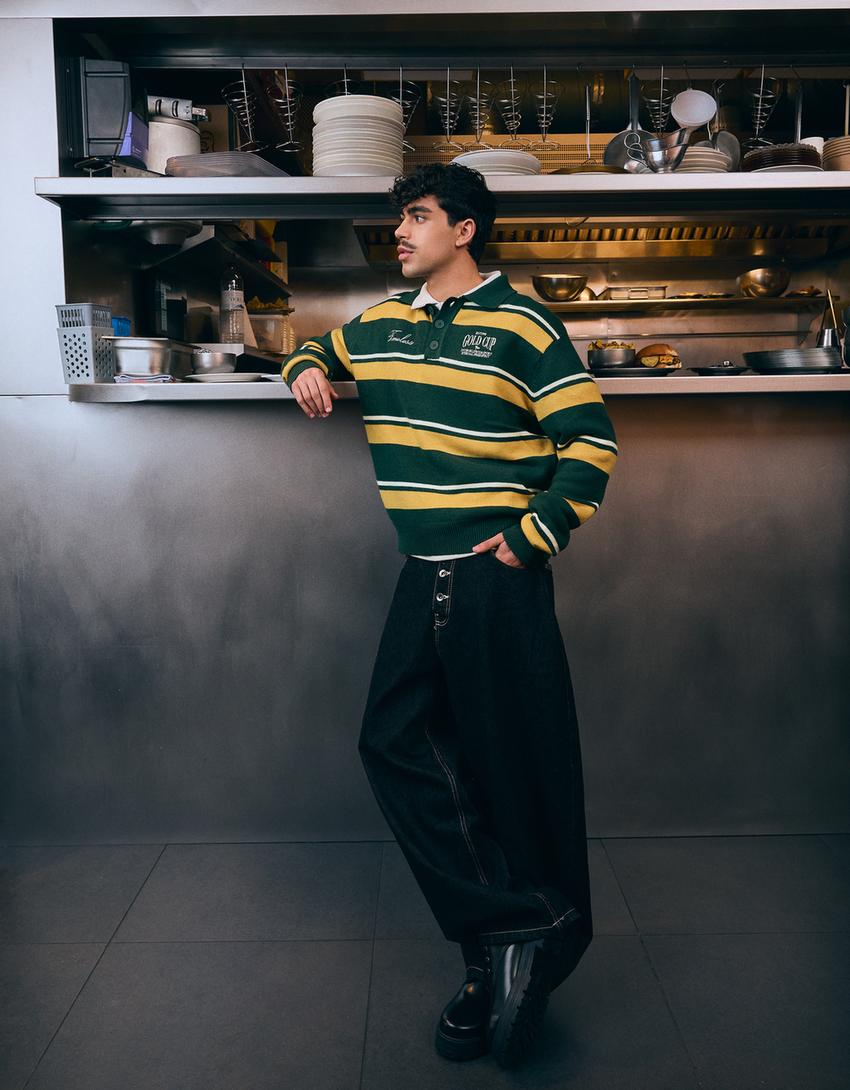 Printed polo collar jumper-Green