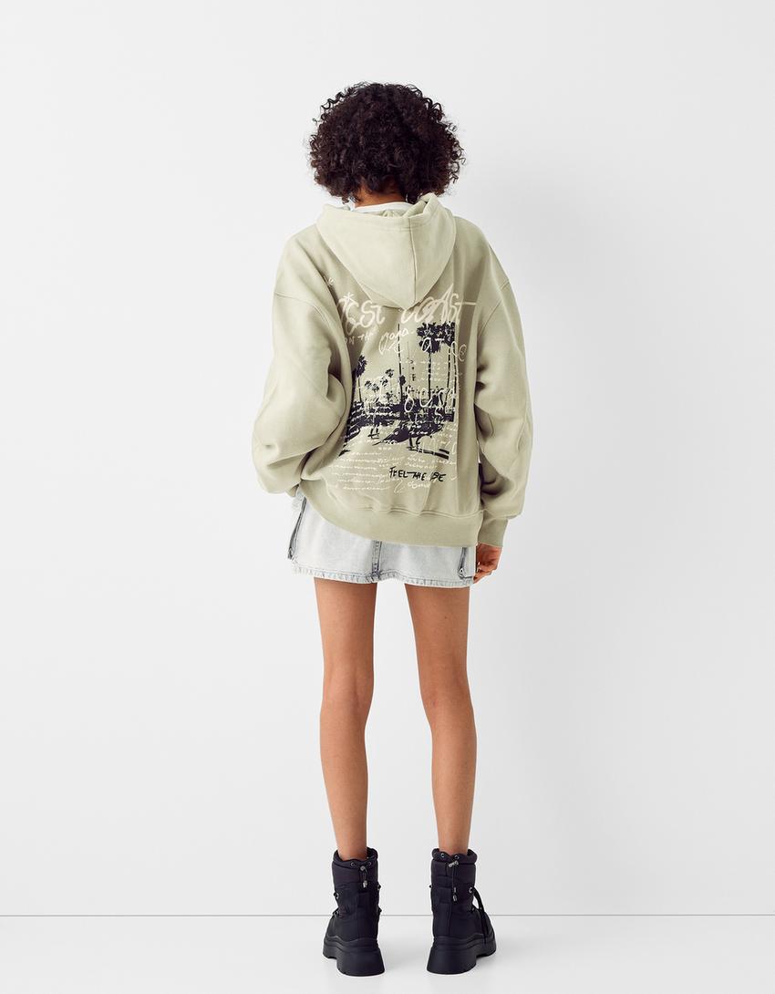 Sweat zippé capuche oversize imprimé-Kaki-1