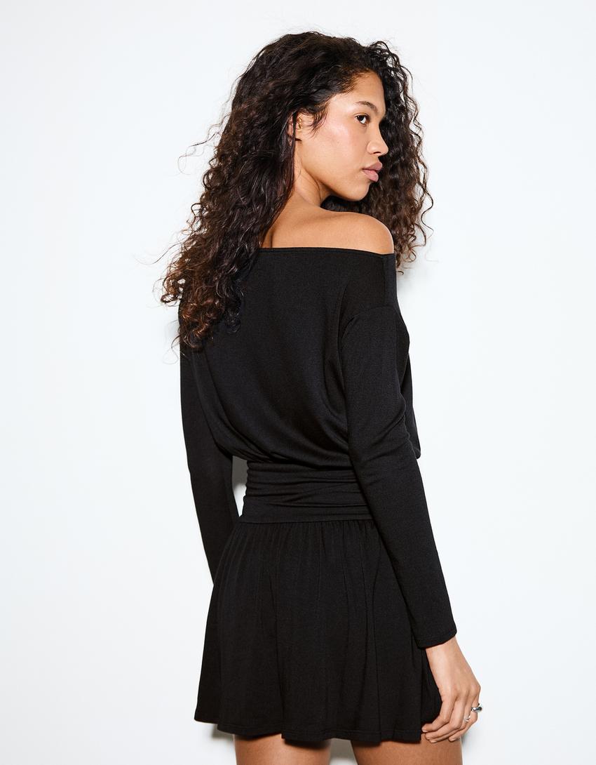 Minikleid mit langen Ärmeln und Gürtel-Schwarz