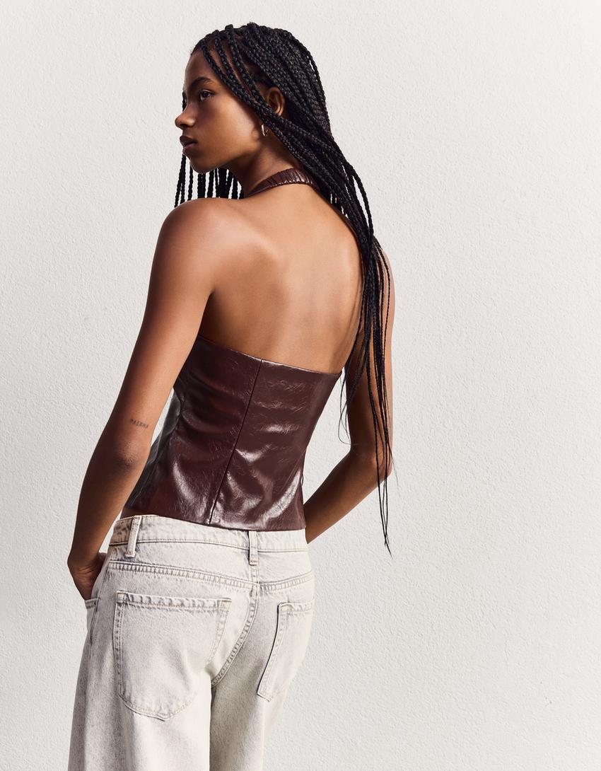 Leather effect halter top with zip-Violet-1