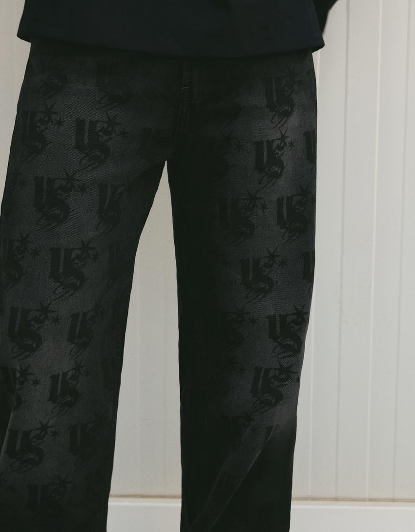 Straight-leg jeans met laserprint-Zwart