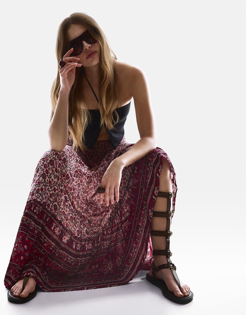 Saia maxi boho com estampado-Rosa-0