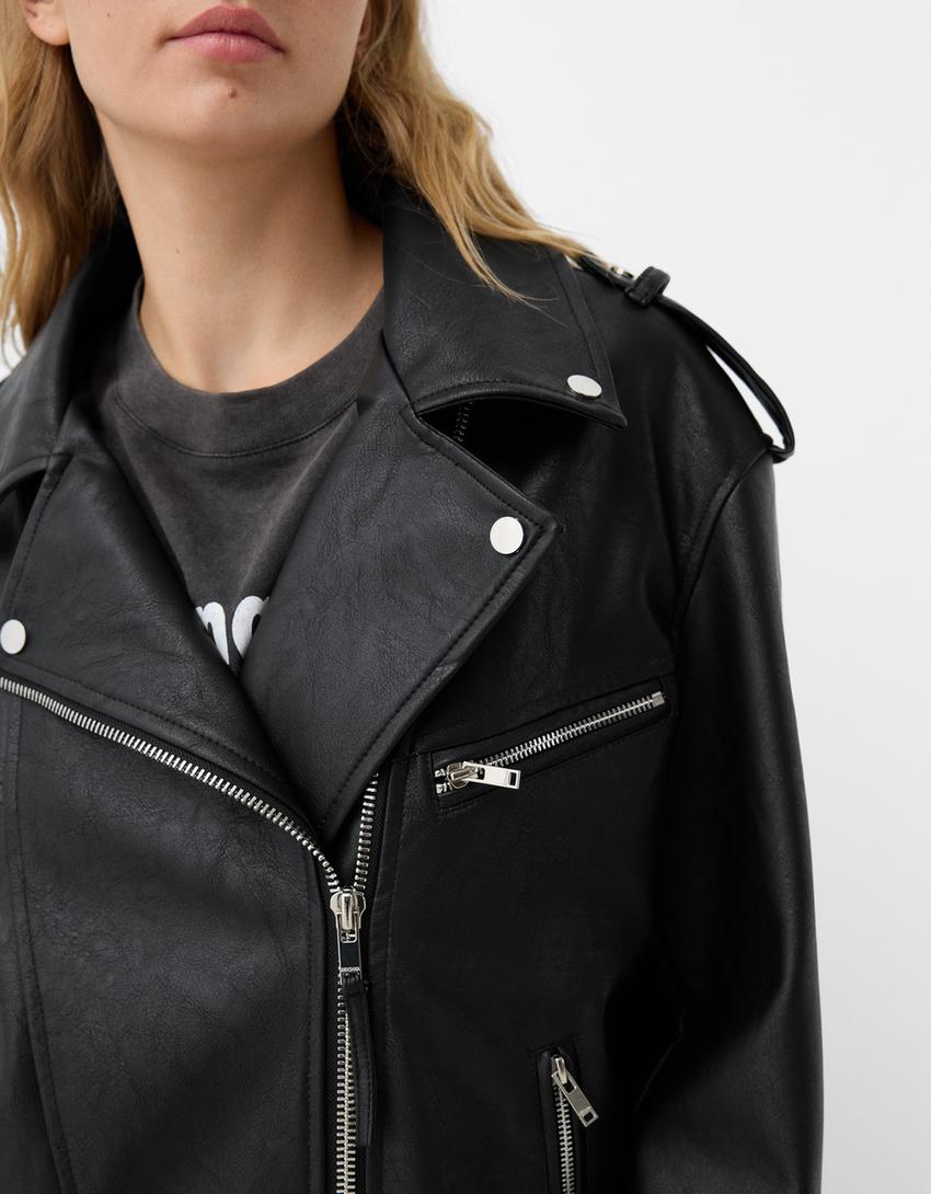 Giubbotto biker effetto pelle oversize-Nero-5
