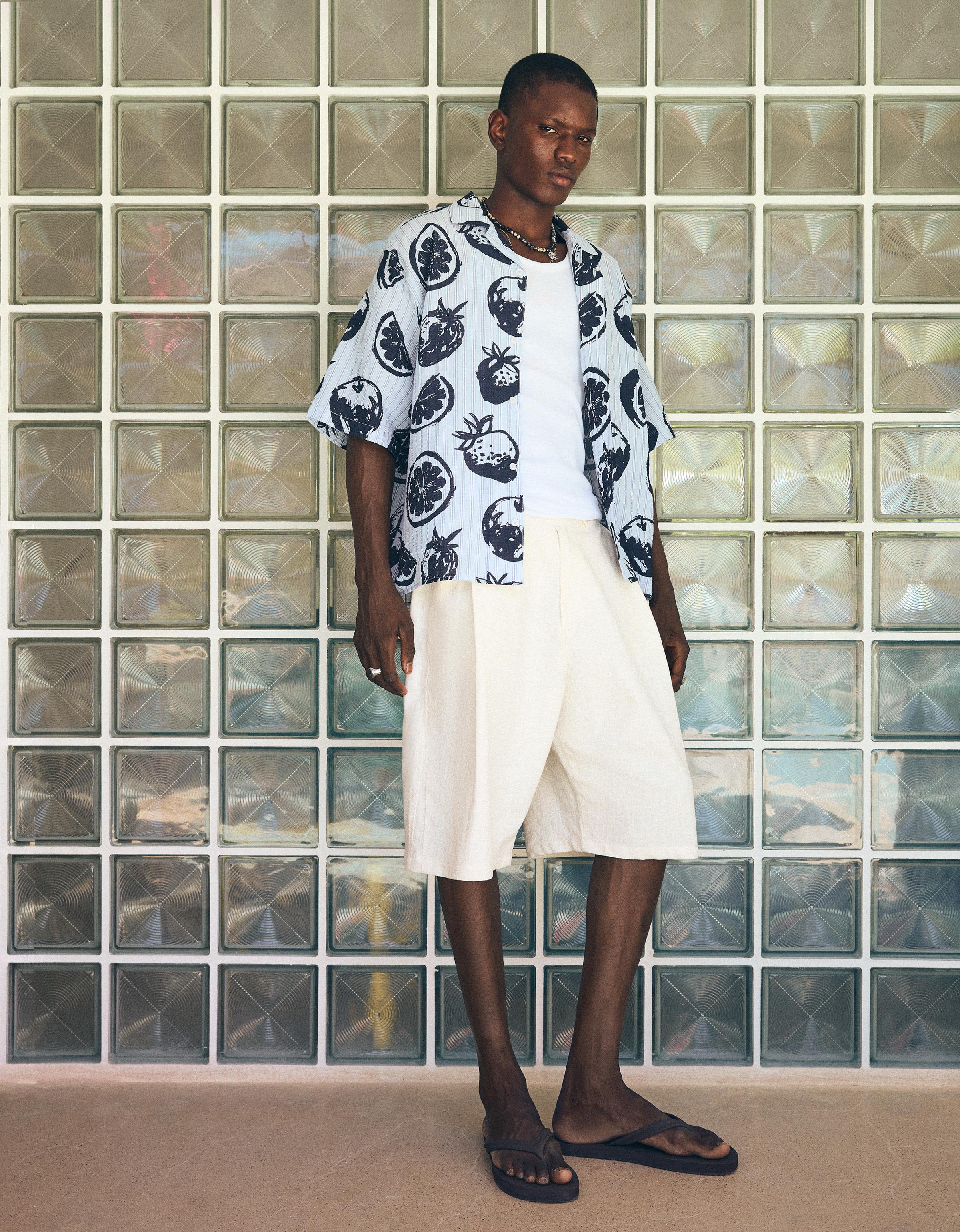 Bershka Bermuda Super Baggy Con Lino Hombre Blanco Roto