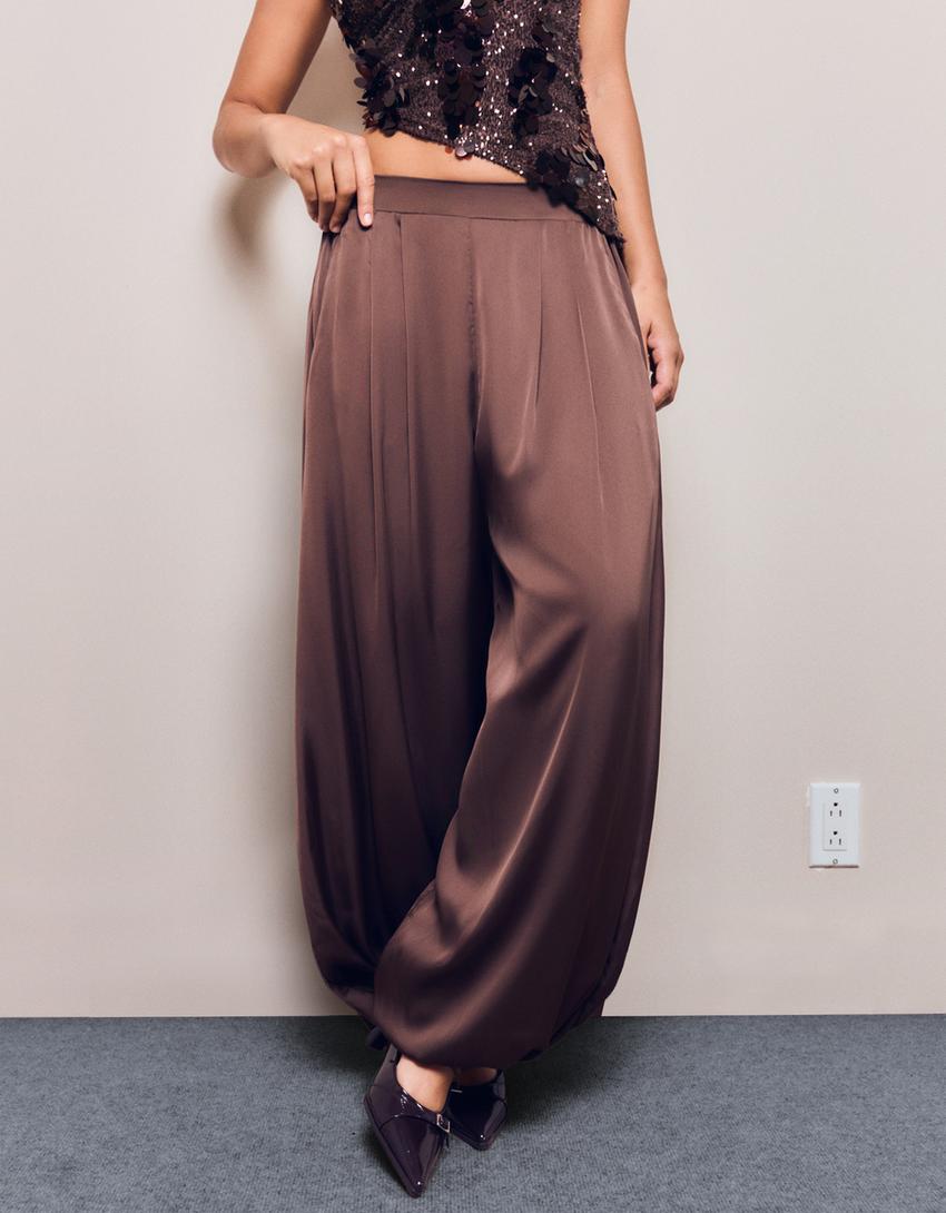 Sateen sarouel trousers-Brown
