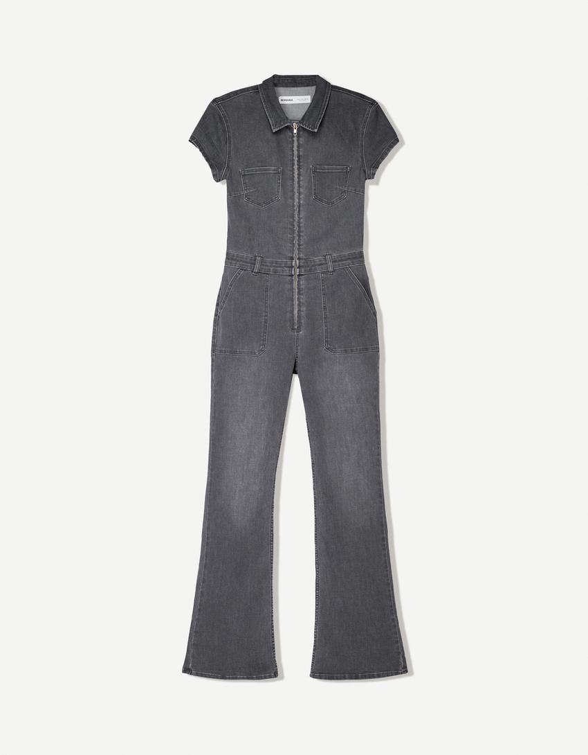 Tuta intera lunga in denim a maniche corte-Grigio scuro-3